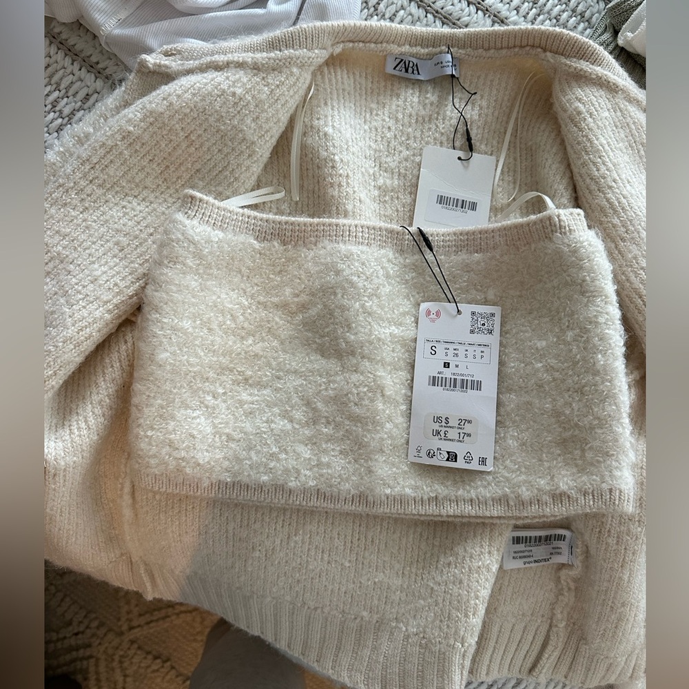 Zara BOUCLE knit cardigan sweater and bandeau set small ecru fuzzy teddy gold - Picture 12 of 13